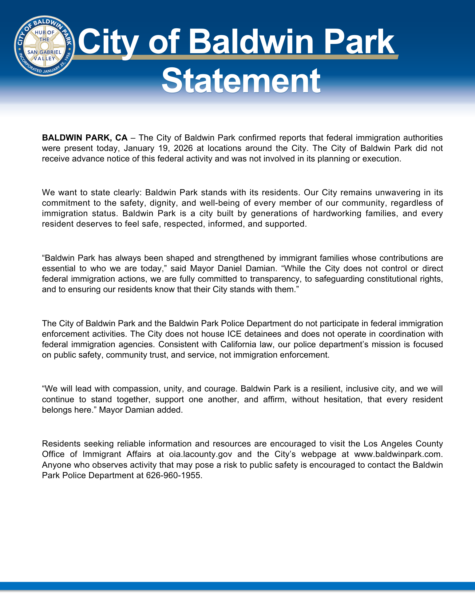 City of Baldwin Park Statement January 19, 2026 - English
