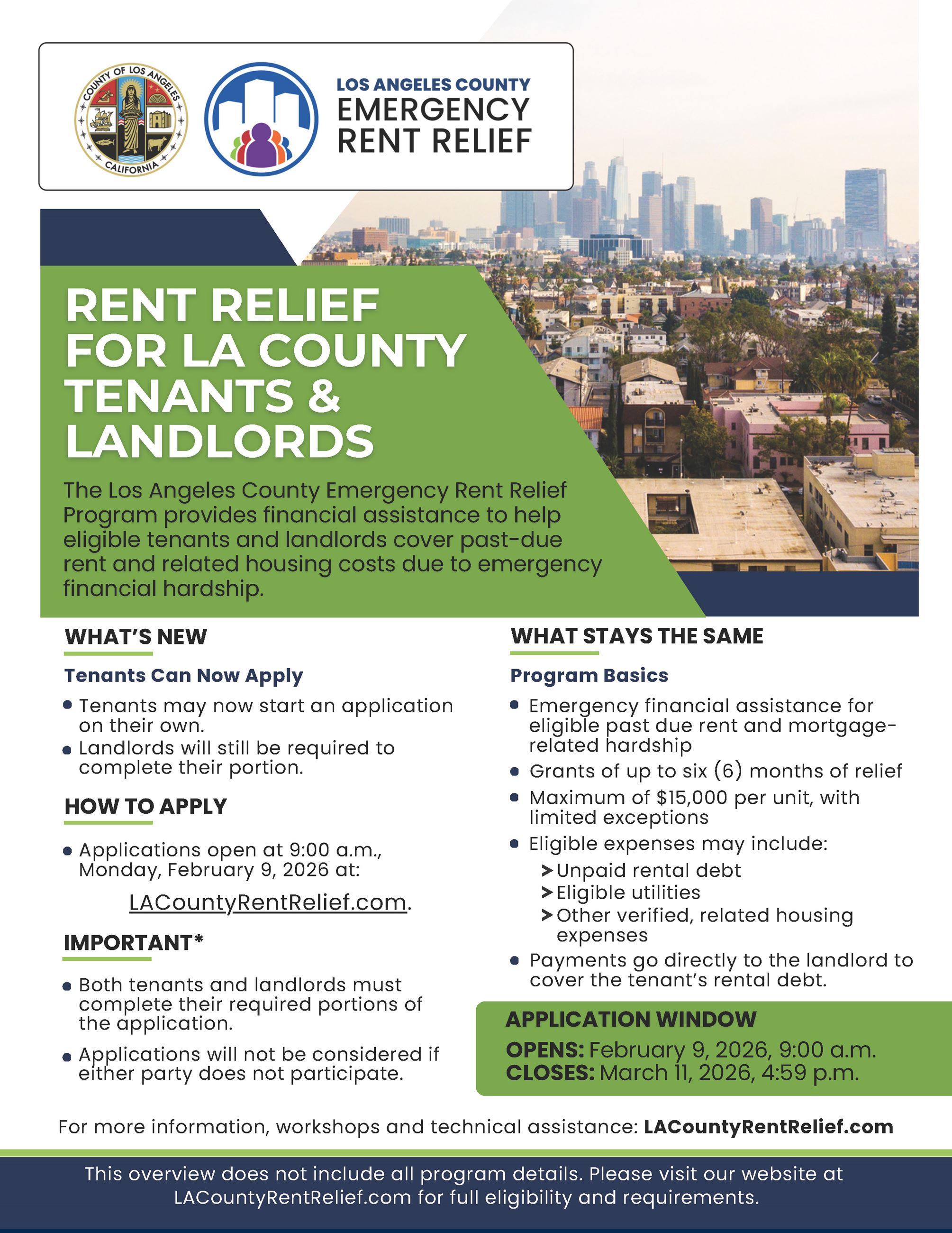 Informational flyer for Rent Relief for LA County Tenants & Landlords